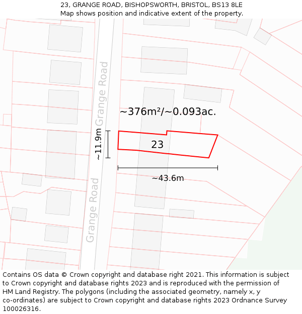 23, GRANGE ROAD, BISHOPSWORTH, BRISTOL, BS13 8LE: Plot and title map