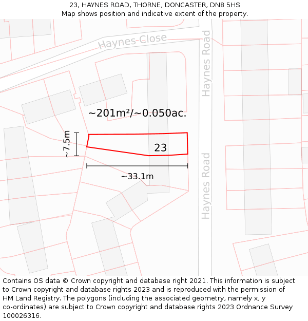 23, HAYNES ROAD, THORNE, DONCASTER, DN8 5HS: Plot and title map