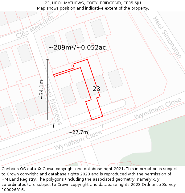 23, HEOL MATHEWS, COITY, BRIDGEND, CF35 6JU: Plot and title map