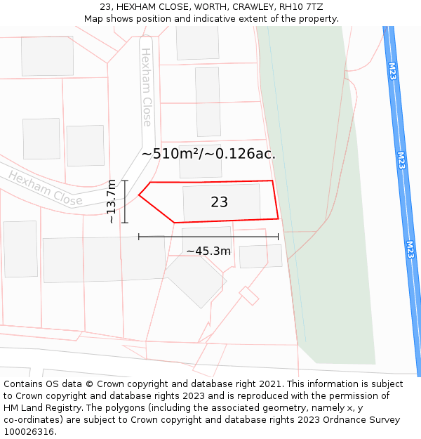 23, HEXHAM CLOSE, WORTH, CRAWLEY, RH10 7TZ: Plot and title map