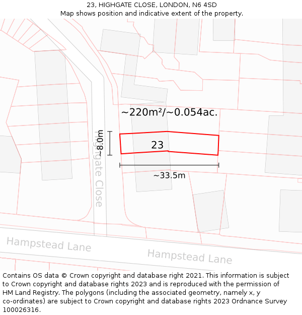 23, HIGHGATE CLOSE, LONDON, N6 4SD: Plot and title map