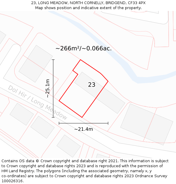 23, LONG MEADOW, NORTH CORNELLY, BRIDGEND, CF33 4PX: Plot and title map