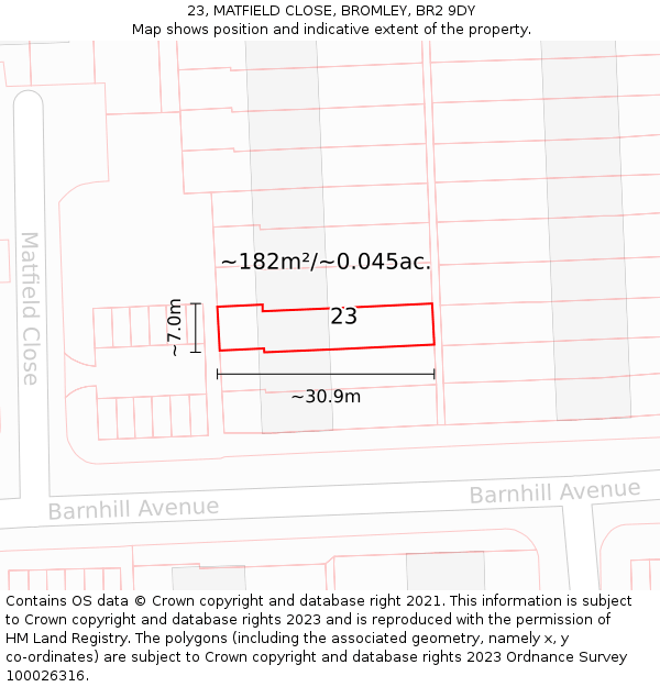 23, MATFIELD CLOSE, BROMLEY, BR2 9DY: Plot and title map