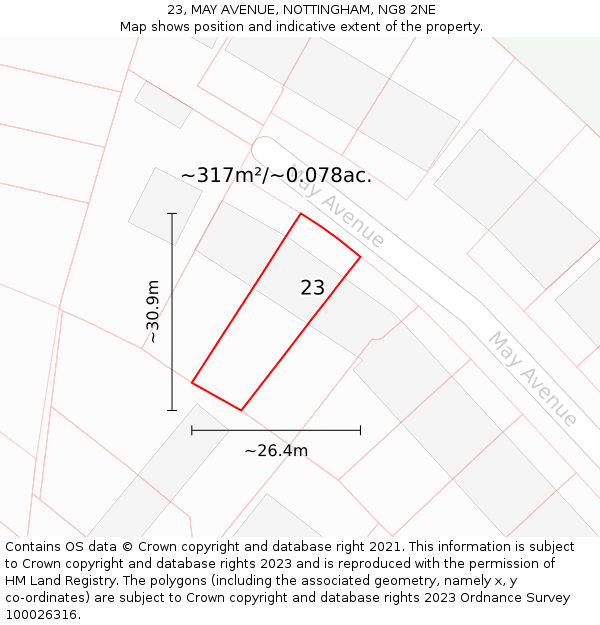 23, MAY AVENUE, NOTTINGHAM, NG8 2NE: Plot and title map