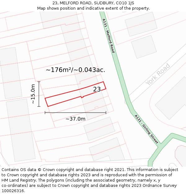 23, MELFORD ROAD, SUDBURY, CO10 1JS: Plot and title map