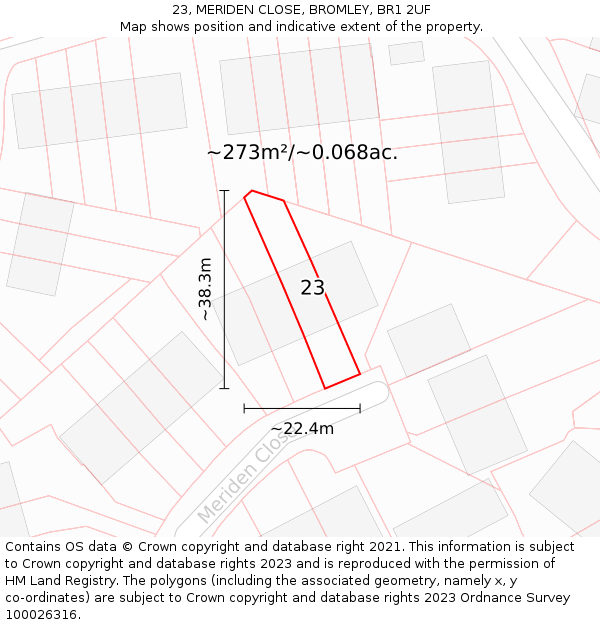 23, MERIDEN CLOSE, BROMLEY, BR1 2UF: Plot and title map