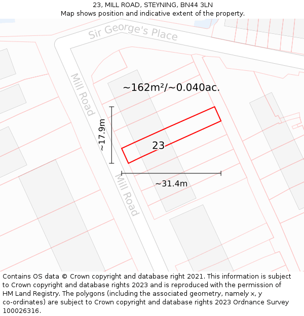 23, MILL ROAD, STEYNING, BN44 3LN: Plot and title map
