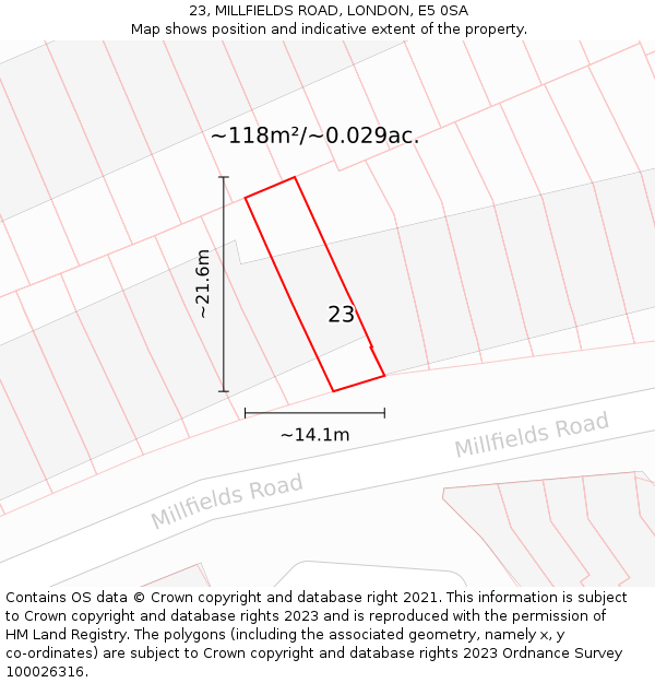 23, MILLFIELDS ROAD, LONDON, E5 0SA: Plot and title map