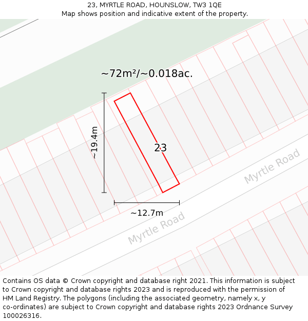 23, MYRTLE ROAD, HOUNSLOW, TW3 1QE: Plot and title map