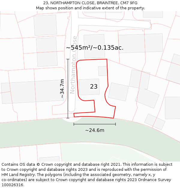 23, NORTHAMPTON CLOSE, BRAINTREE, CM7 9FG: Plot and title map