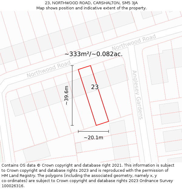 23, NORTHWOOD ROAD, CARSHALTON, SM5 3JA: Plot and title map