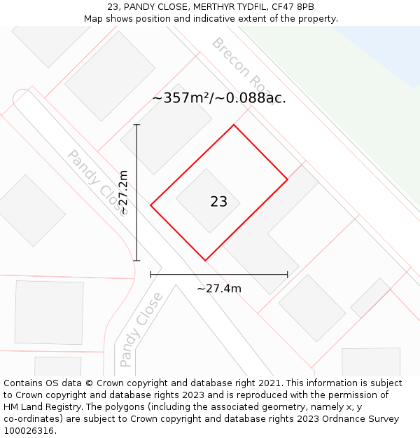 23, PANDY CLOSE, MERTHYR TYDFIL, CF47 8PB: Plot and title map