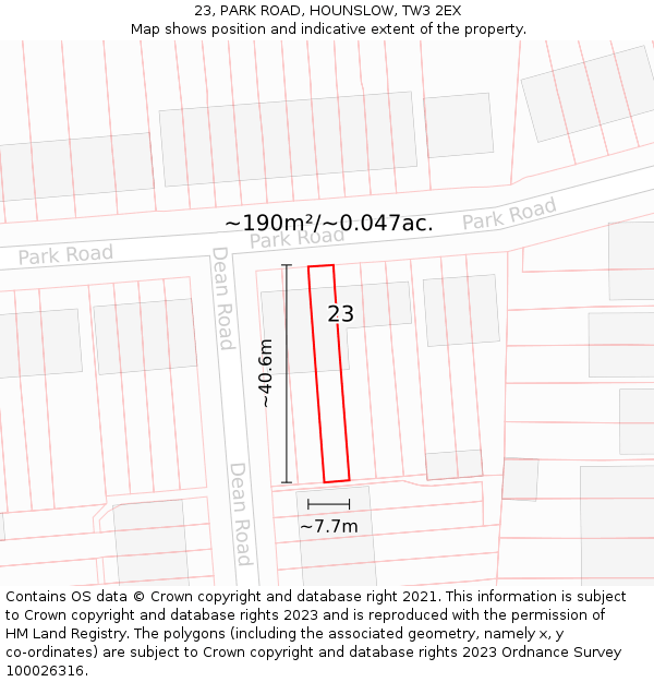 23, PARK ROAD, HOUNSLOW, TW3 2EX: Plot and title map