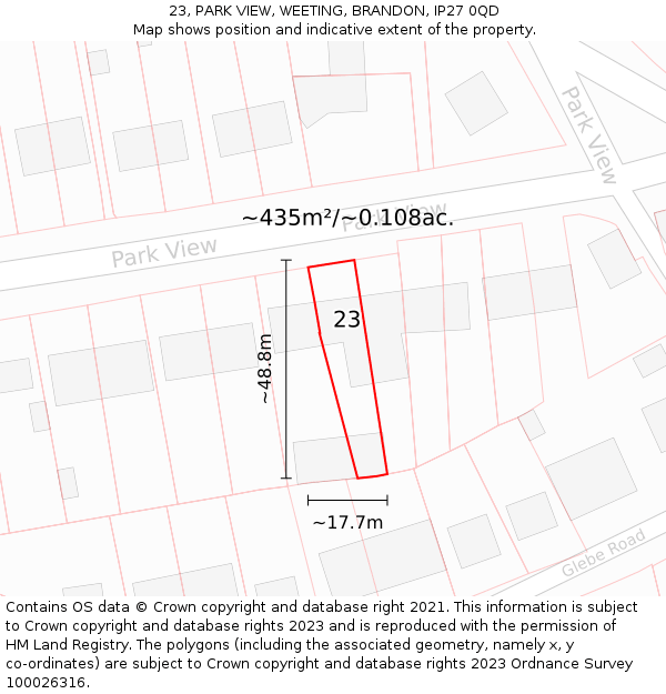 23, PARK VIEW, WEETING, BRANDON, IP27 0QD: Plot and title map