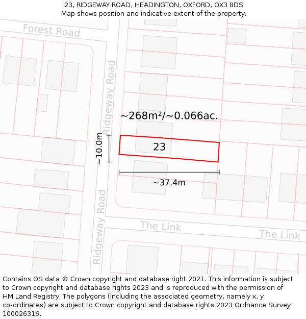 23, RIDGEWAY ROAD, HEADINGTON, OXFORD, OX3 8DS: Plot and title map