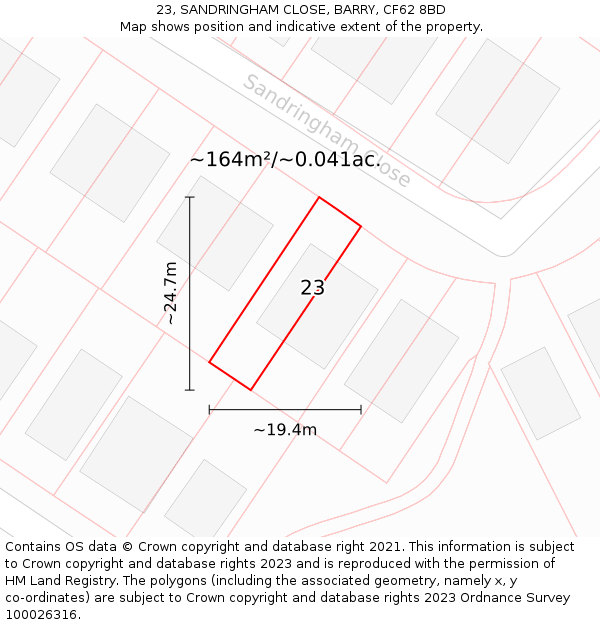 23, SANDRINGHAM CLOSE, BARRY, CF62 8BD: Plot and title map