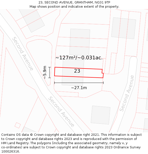 23, SECOND AVENUE, GRANTHAM, NG31 9TP: Plot and title map