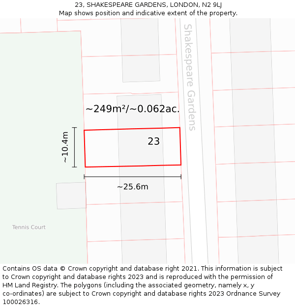 23, SHAKESPEARE GARDENS, LONDON, N2 9LJ: Plot and title map