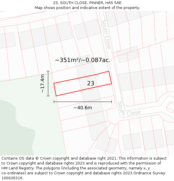 23, SOUTH CLOSE, PINNER, HA5 5AE: Plot and title map