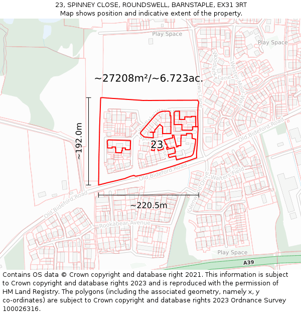 23, SPINNEY CLOSE, ROUNDSWELL, BARNSTAPLE, EX31 3RT: Plot and title map