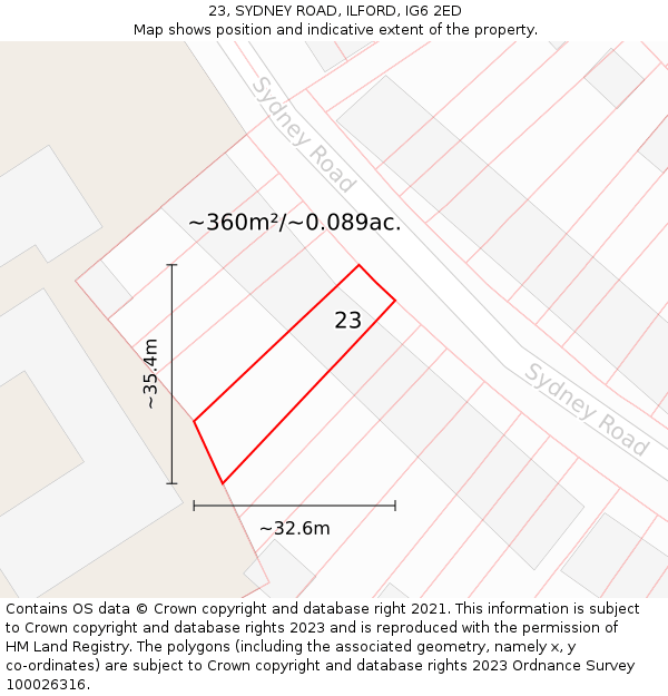 23, SYDNEY ROAD, ILFORD, IG6 2ED: Plot and title map