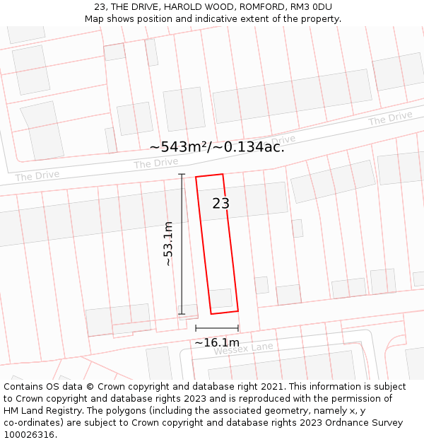 23, THE DRIVE, HAROLD WOOD, ROMFORD, RM3 0DU: Plot and title map
