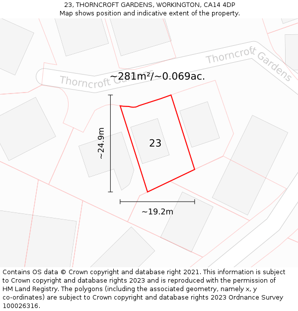23, THORNCROFT GARDENS, WORKINGTON, CA14 4DP: Plot and title map