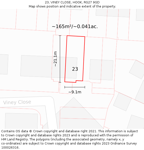 23, VINEY CLOSE, HOOK, RG27 9GD: Plot and title map