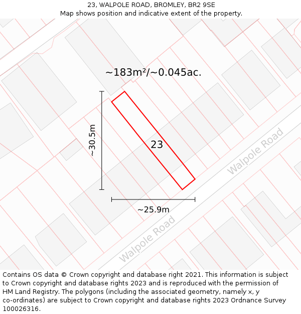 23, WALPOLE ROAD, BROMLEY, BR2 9SE: Plot and title map