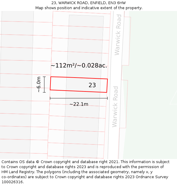 23, WARWICK ROAD, ENFIELD, EN3 6HW: Plot and title map