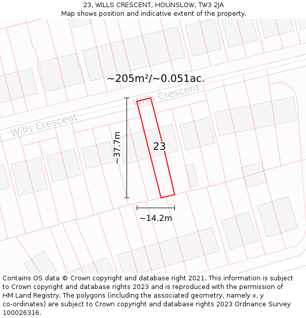 23, WILLS CRESCENT, HOUNSLOW, TW3 2JA: Plot and title map
