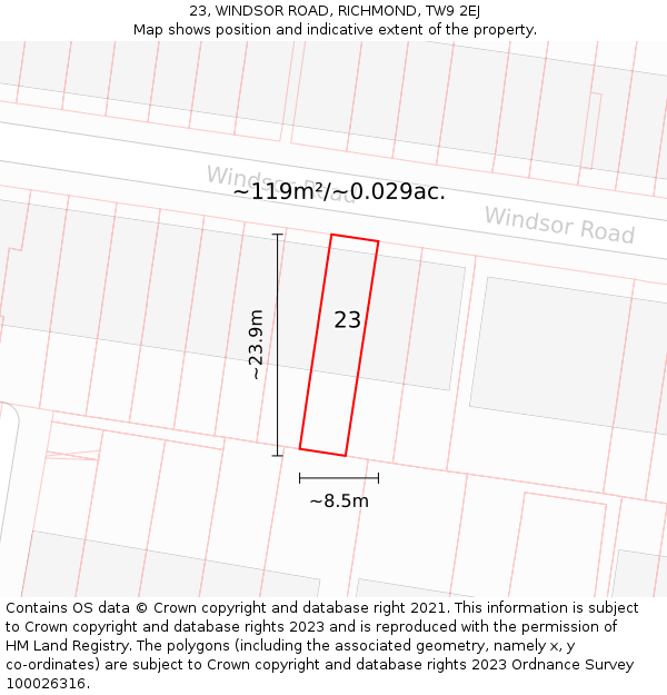 23, WINDSOR ROAD, RICHMOND, TW9 2EJ: Plot and title map