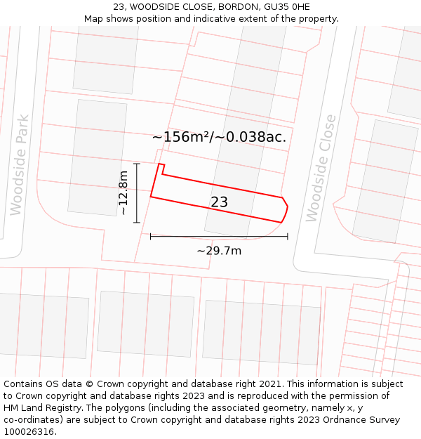 23, WOODSIDE CLOSE, BORDON, GU35 0HE: Plot and title map