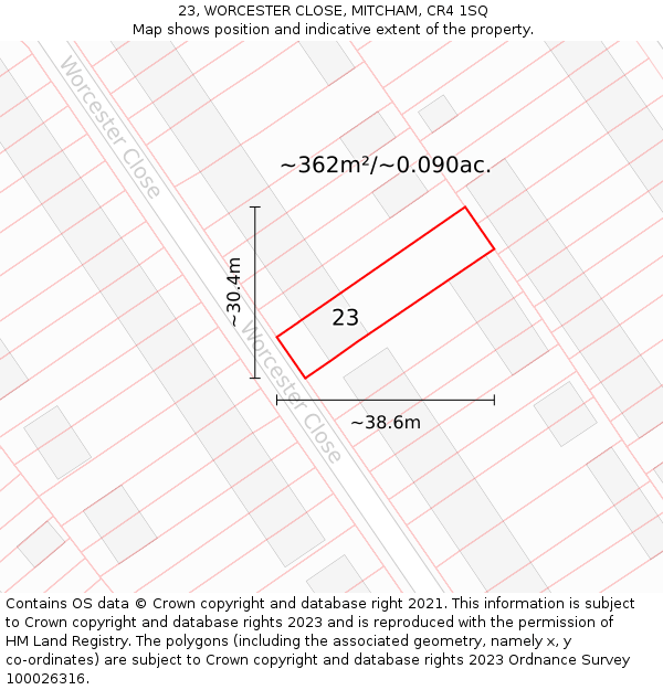 23, WORCESTER CLOSE, MITCHAM, CR4 1SQ: Plot and title map