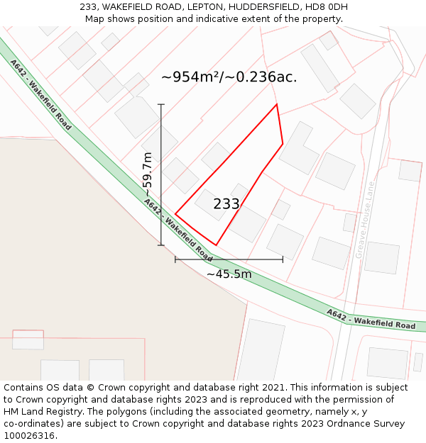 233, WAKEFIELD ROAD, LEPTON, HUDDERSFIELD, HD8 0DH: Plot and title map