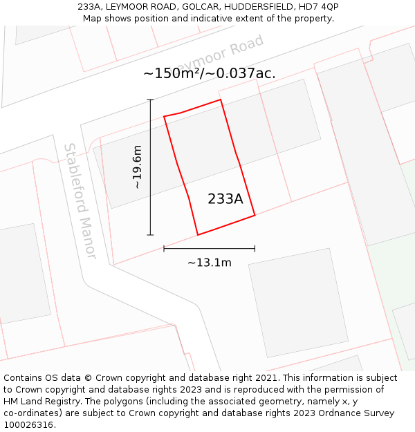 233A, LEYMOOR ROAD, GOLCAR, HUDDERSFIELD, HD7 4QP: Plot and title map
