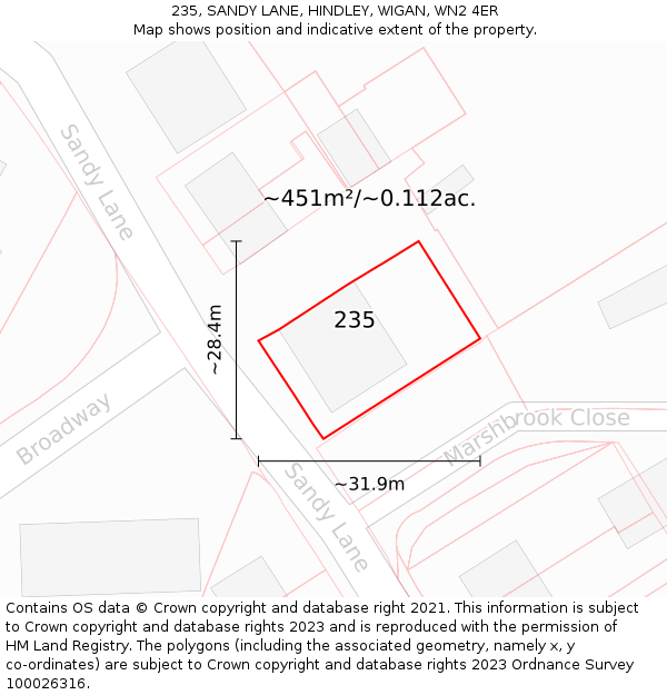 235, SANDY LANE, HINDLEY, WIGAN, WN2 4ER: Plot and title map