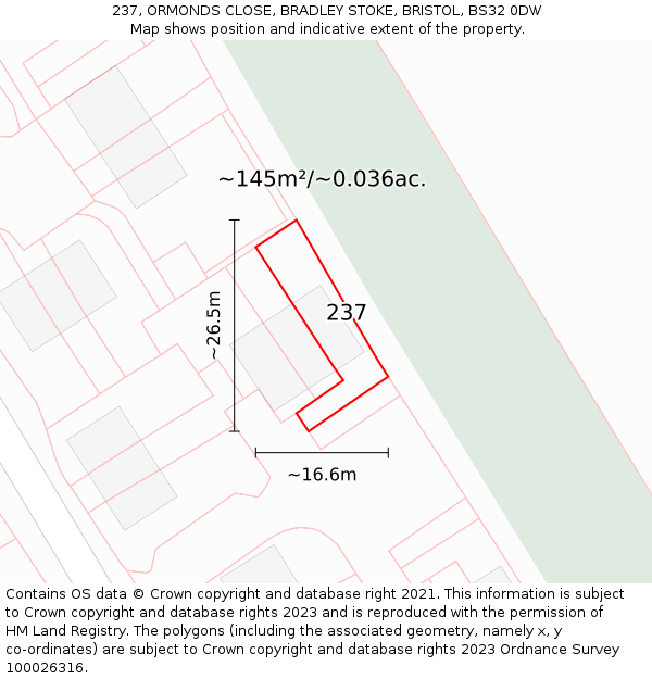 237, ORMONDS CLOSE, BRADLEY STOKE, BRISTOL, BS32 0DW: Plot and title map