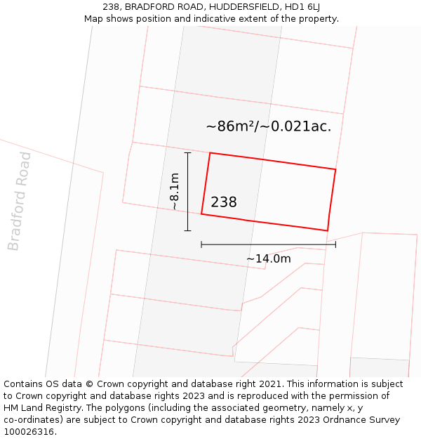 238, BRADFORD ROAD, HUDDERSFIELD, HD1 6LJ: Plot and title map