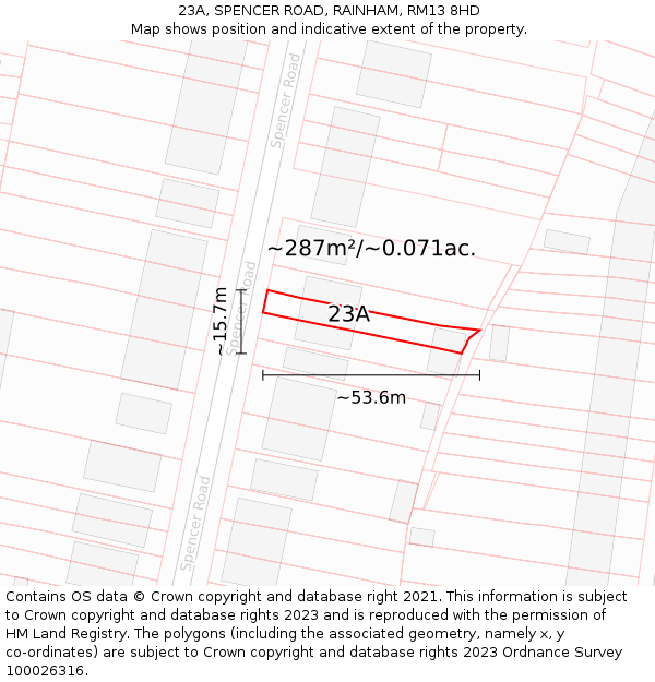 23A, SPENCER ROAD, RAINHAM, RM13 8HD: Plot and title map