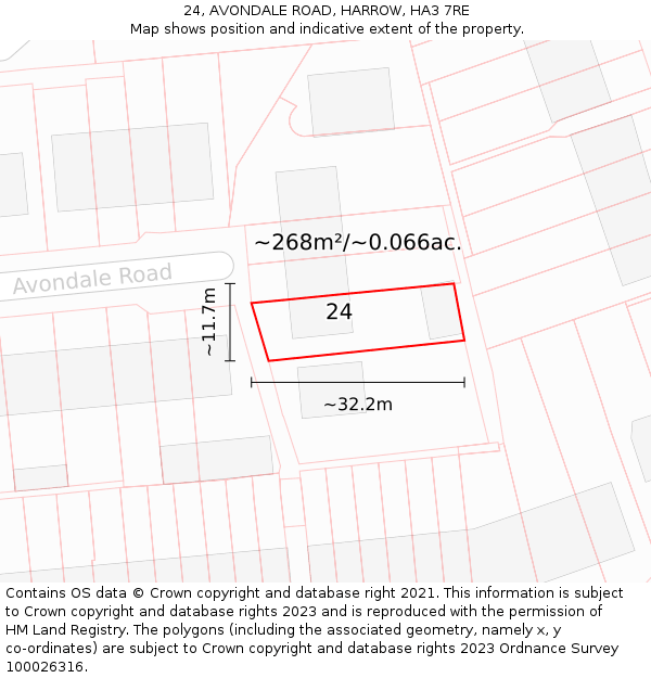 24, AVONDALE ROAD, HARROW, HA3 7RE: Plot and title map