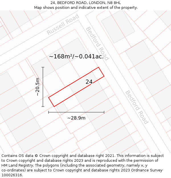 24, BEDFORD ROAD, LONDON, N8 8HL: Plot and title map