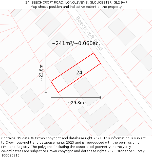 24, BEECHCROFT ROAD, LONGLEVENS, GLOUCESTER, GL2 9HF: Plot and title map