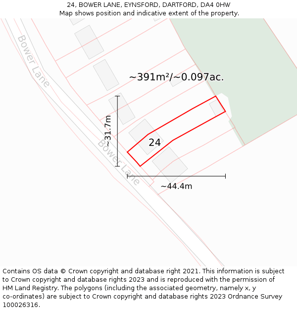 24, BOWER LANE, EYNSFORD, DARTFORD, DA4 0HW: Plot and title map