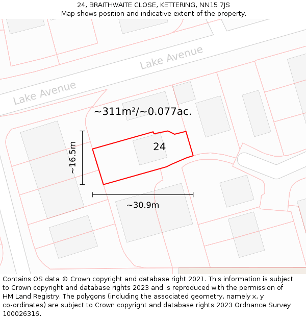 24, BRAITHWAITE CLOSE, KETTERING, NN15 7JS: Plot and title map