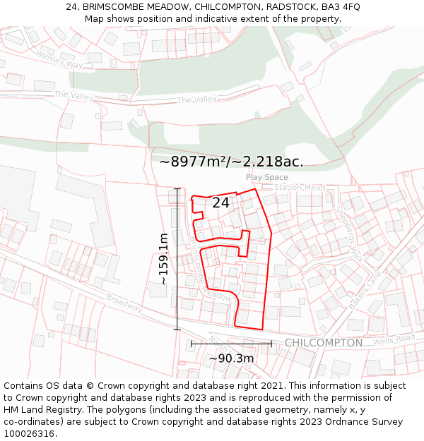 24, BRIMSCOMBE MEADOW, CHILCOMPTON, RADSTOCK, BA3 4FQ: Plot and title map