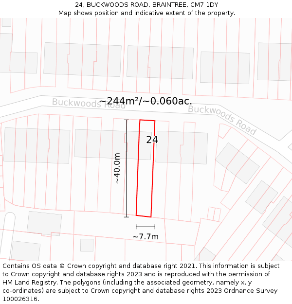 24, BUCKWOODS ROAD, BRAINTREE, CM7 1DY: Plot and title map