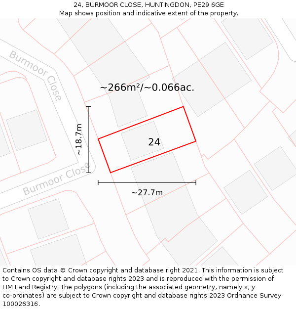 24, BURMOOR CLOSE, HUNTINGDON, PE29 6GE: Plot and title map