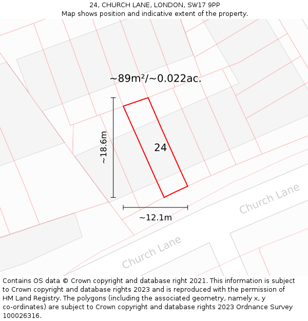 24, CHURCH LANE, LONDON, SW17 9PP: Plot and title map