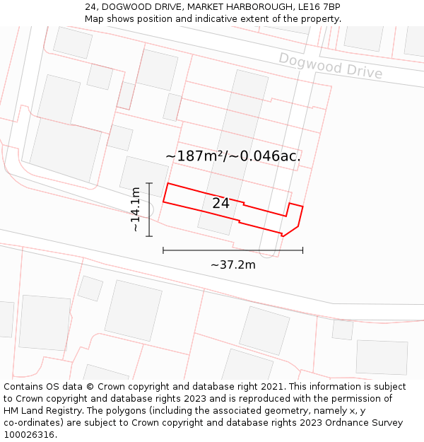 24, DOGWOOD DRIVE, MARKET HARBOROUGH, LE16 7BP: Plot and title map